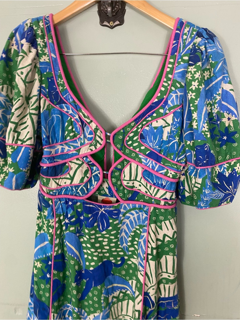 Farm Rio Jungle Panther Midi Dress Floral Green Blue Medium - Picture 3 of 7